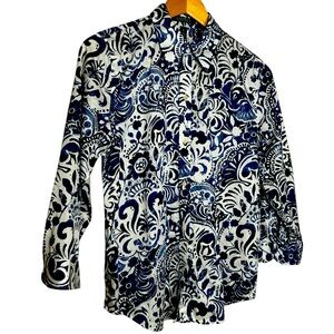 🩷 Lauren Ralph Lauren Womens Blouse, 3/4 Sleeves, Navy & White Paisley Medium
